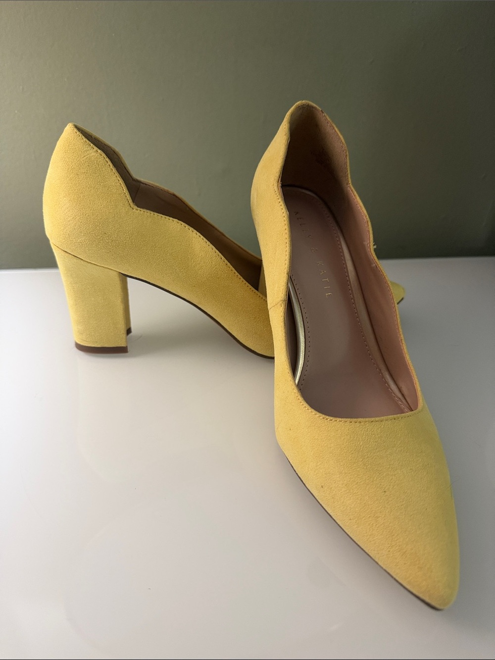 Kelly & Katie Yellow Suede Pointed Block Heel Pumps